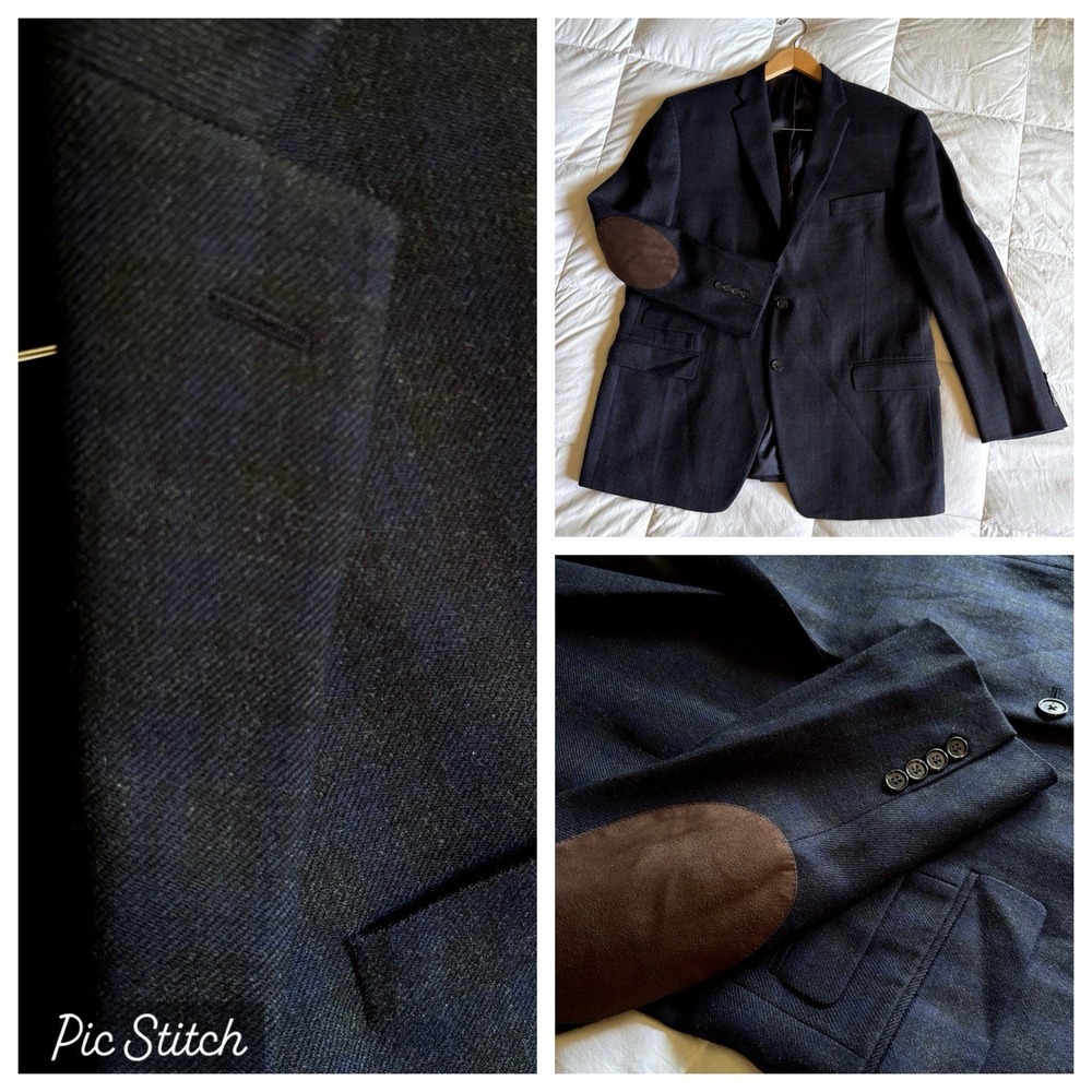 LRL Elbow Patch Blazer Sport Coat Men's 44R Wool Black Blue Check Dark Academia